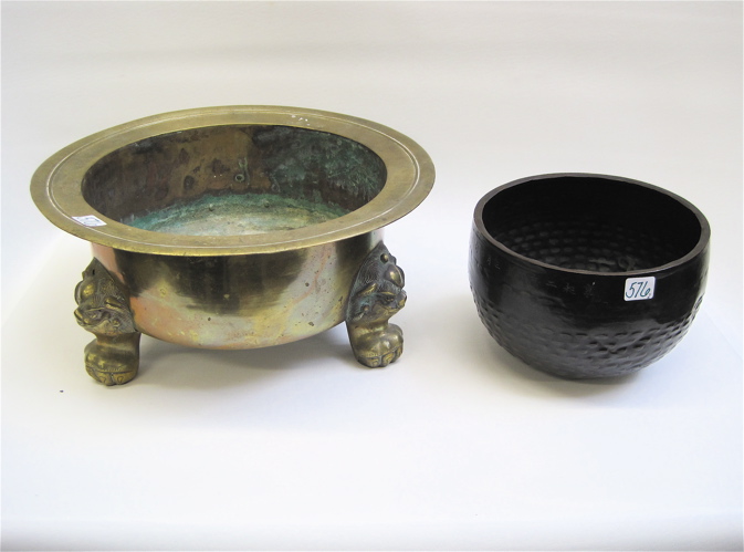 Appraisal: ASIAN BRASS FOOTED PLANTER AND METAL BOWL pieces Chinese planter