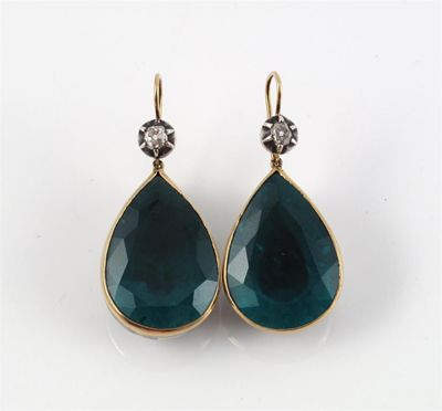 Appraisal: A pair of emerald and diamond drop earrings The large