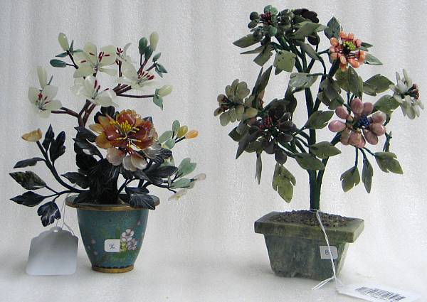 Appraisal: Four hardstone flowering plants Two in cloisonne pots two in