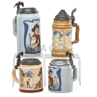 Appraisal: METTLACH PORCELAIN STEINS Four early th c liter and liter