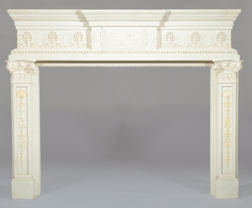 Appraisal: Classical-Style Fireplace Surround plaster composite beaded breakfront cornice anthemion frieze