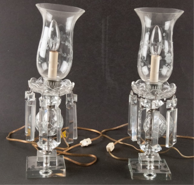 Appraisal: a Electrified Crystal Lamp with Etched Glass Globe H