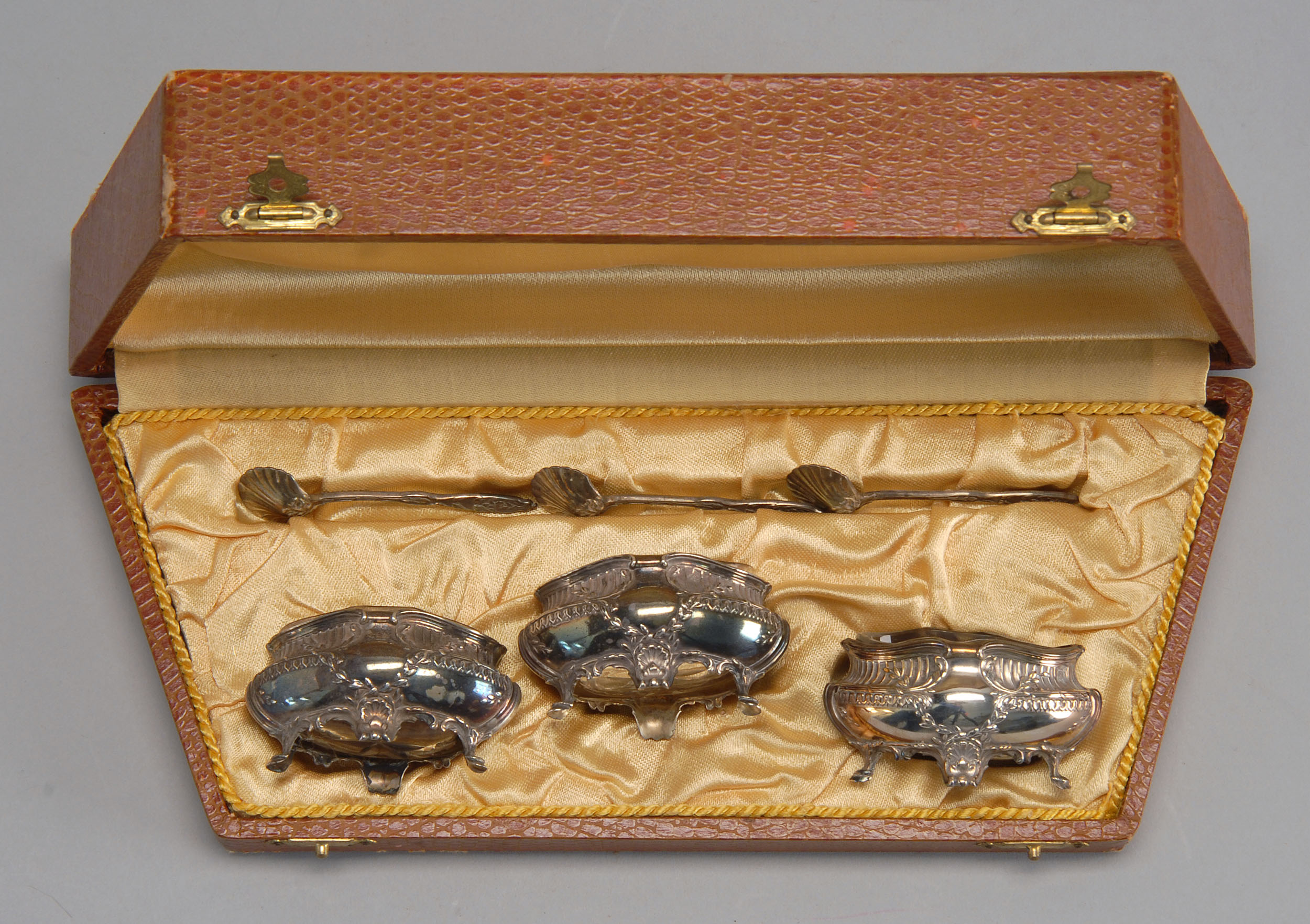 Appraisal: CASED SET OF THREE CONTINENTAL SILVER OPEN SALTS Each with