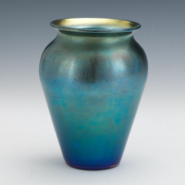 Appraisal: QUEZAL PEACOCK IRIDESCENT VASE x Tapered form with peacock iridescence