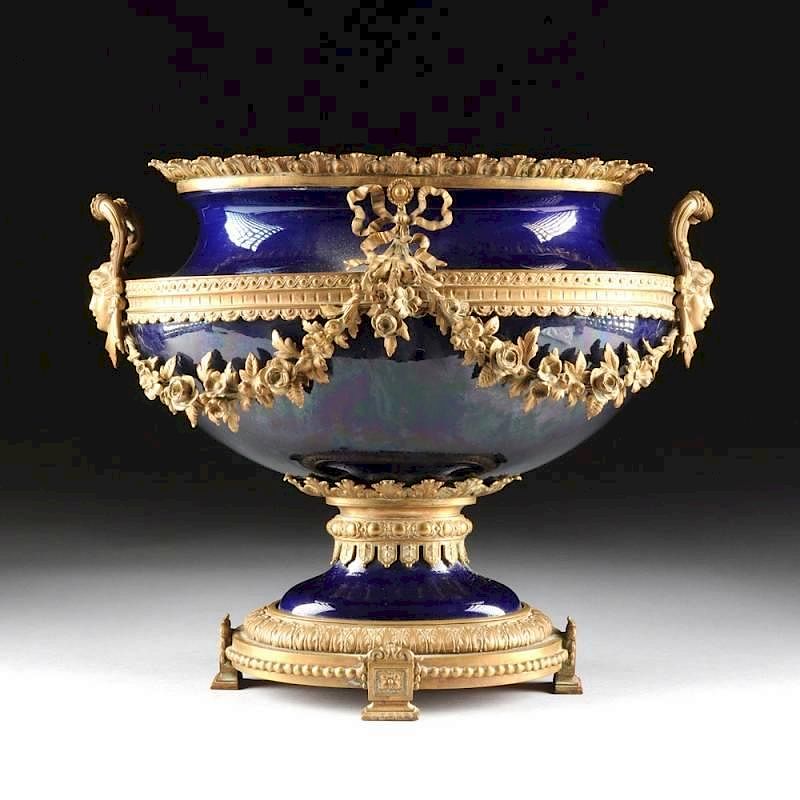 Appraisal: A LARGE LOUIS XVI STYLE BRONZE MOUNTED COBALT BLUE CENTERPIECE