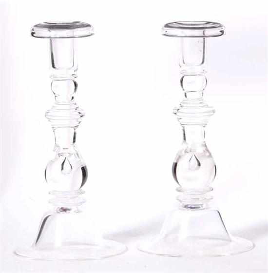 Appraisal: Pair Steuben colorless glass candlesticks baluster form with teardrop motif