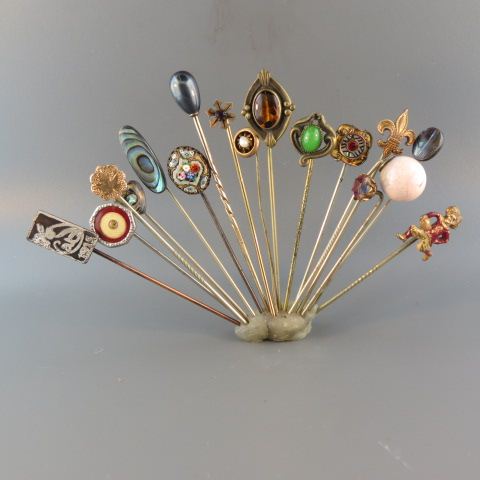 Appraisal: Antique Stickpins includes gold Arts Crafts gem set figural mosiac