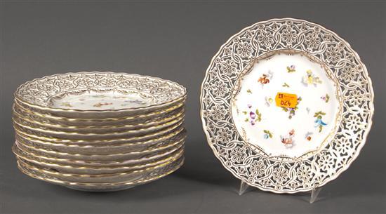 Appraisal: Set of twelve Continental floral and parcel-gilt decorated reticulated porcelain