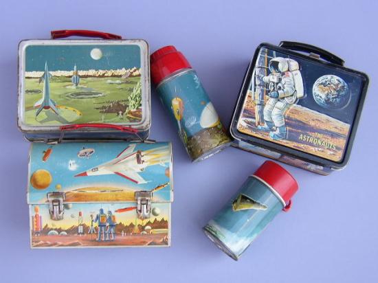 Appraisal: Space Lunch Boxes Two metal lunch boxes with early space