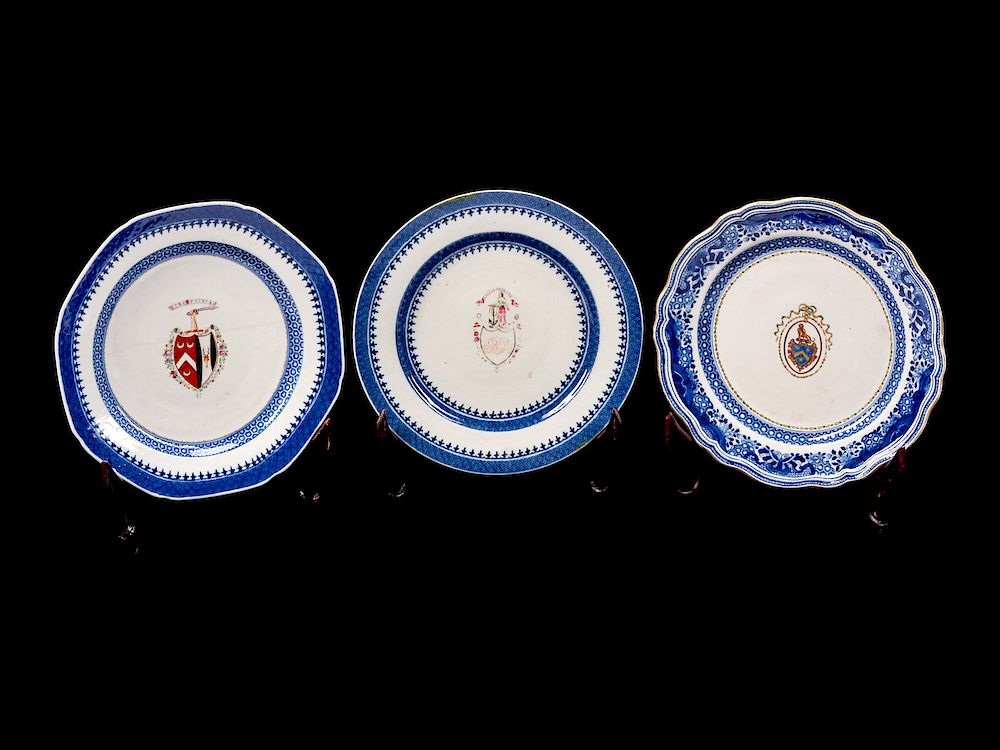 Appraisal: Three Chinese Export Armorial Porcelain Plates Three Chinese Export Blue