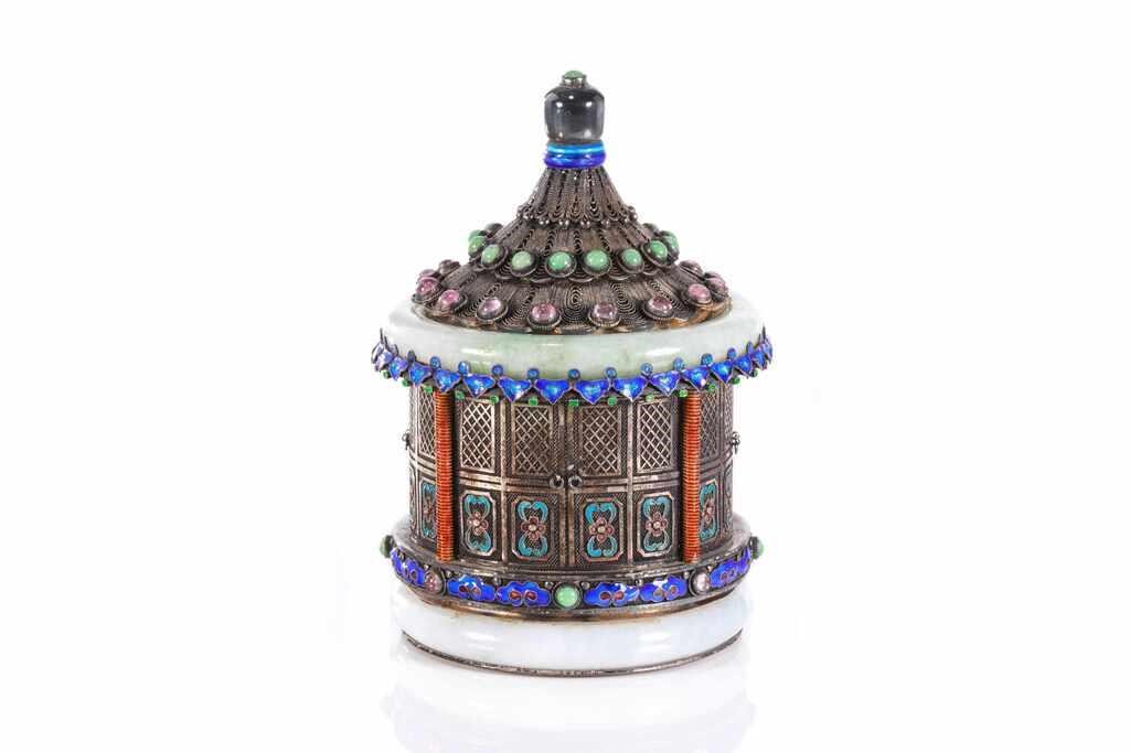 Appraisal: CHINESE ENAMELED SILVER PAVILION FORM BOXChinese export caddy modeled as