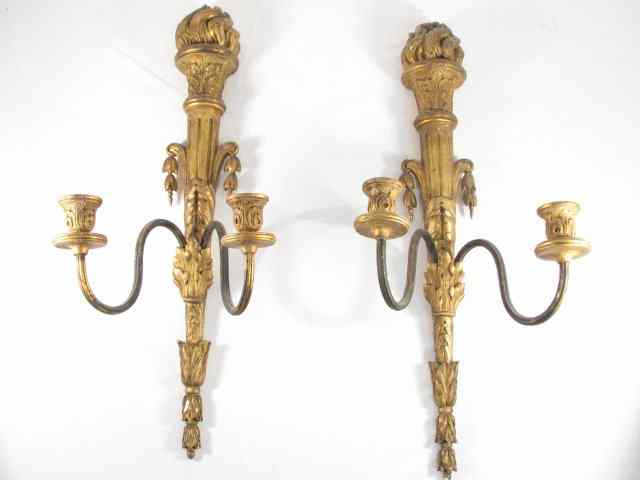 Appraisal: Pair of Italian gilt wood wall sconces Each is plaster