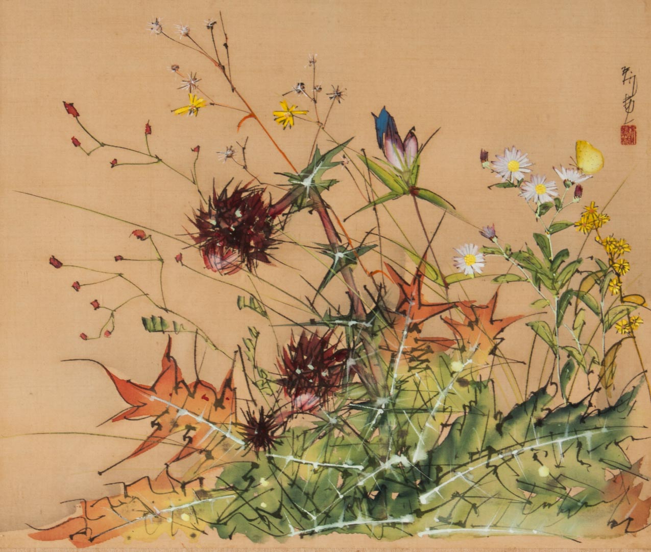 Appraisal: Japanese floral gouache on silk th century ink and pigment