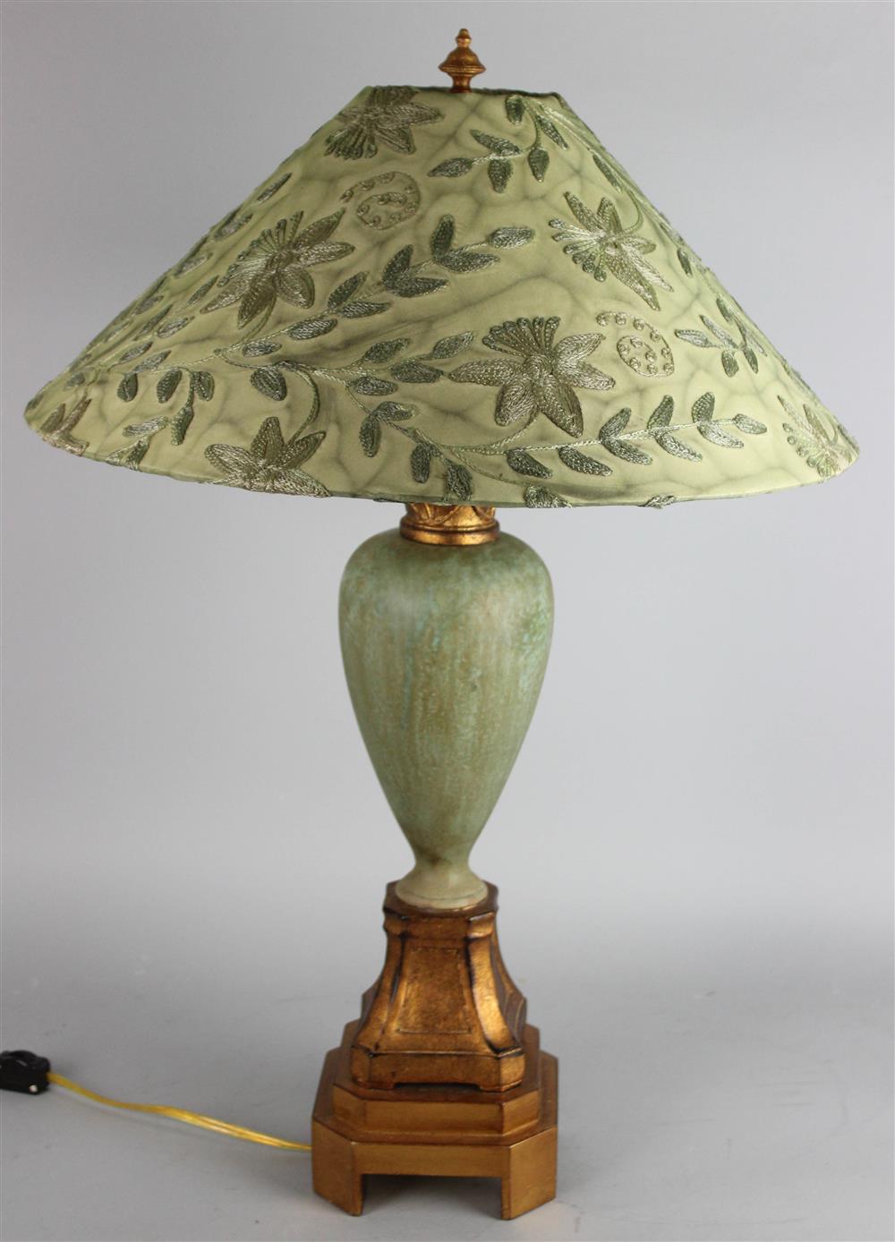 Appraisal: GRUEBY STYLE VARIEGATED CELADON-GLAZED VASE NOW MOUNTED AS A TABLE