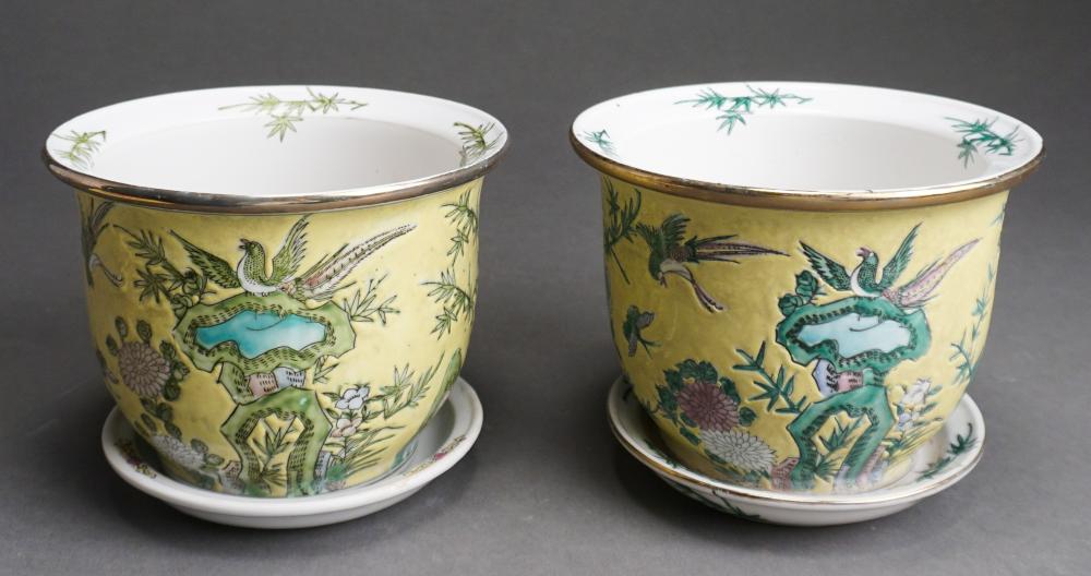 Appraisal: Pair Chinese Famille Jaune Porcelain Jardinieres with Porcelain Stands