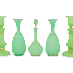 Appraisal: Five Apple Green Opaline Glass Articles th th Century comprising