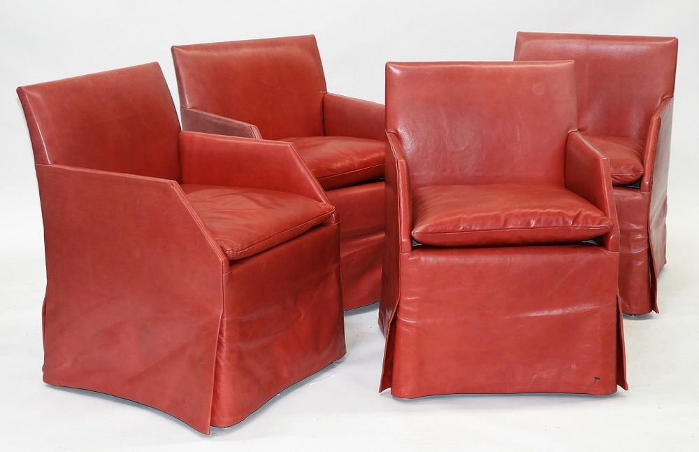 Appraisal: MCM Modern Raspberry Leather Arm Chairs United States th Century