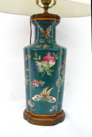 Appraisal: Oriental ceramic base electric lamp butterfly garden motif decor circa