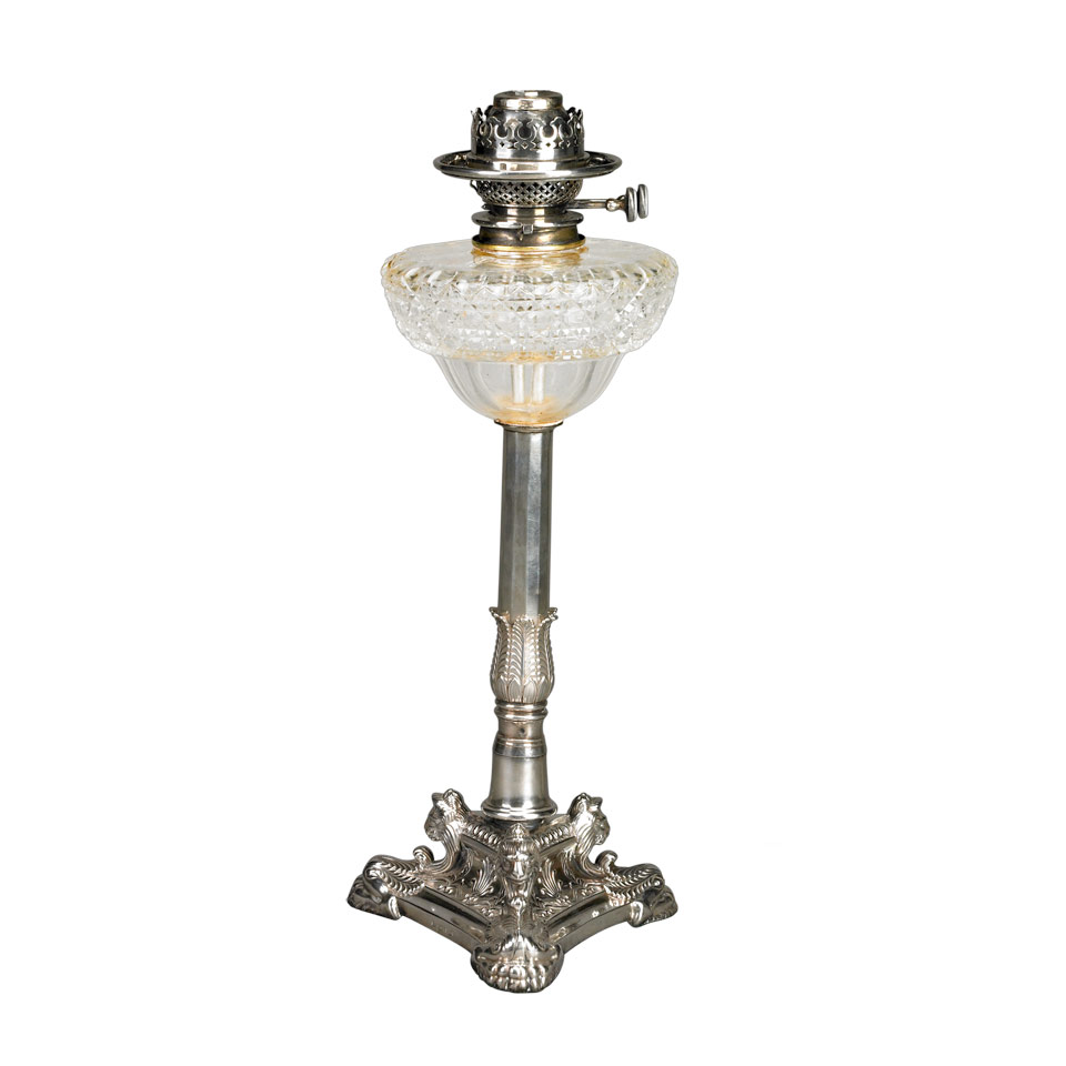 Appraisal: William IV Silver and Cut Glass Banquet Lamp James Dixon