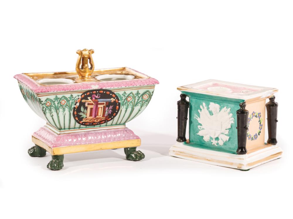 Appraisal: Two Paris Polychrome and Gilt Porcelain Inkwells mid- th c