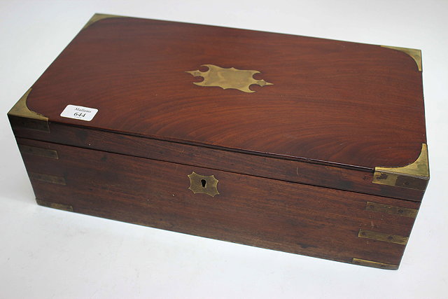 Appraisal: A TH CENTURY CAMPAIGN MAHOGANY BRASS BOUND WRITING BOX with