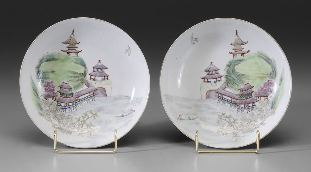 Appraisal: Pair Famille Verte Shallow Bowls Chinese springtime scenes on white