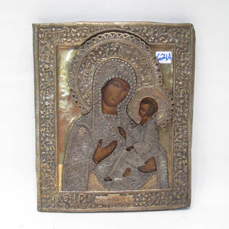 Appraisal: FRAMED RUSSIAN ICON Madonna and child with reticulated rectangular metal