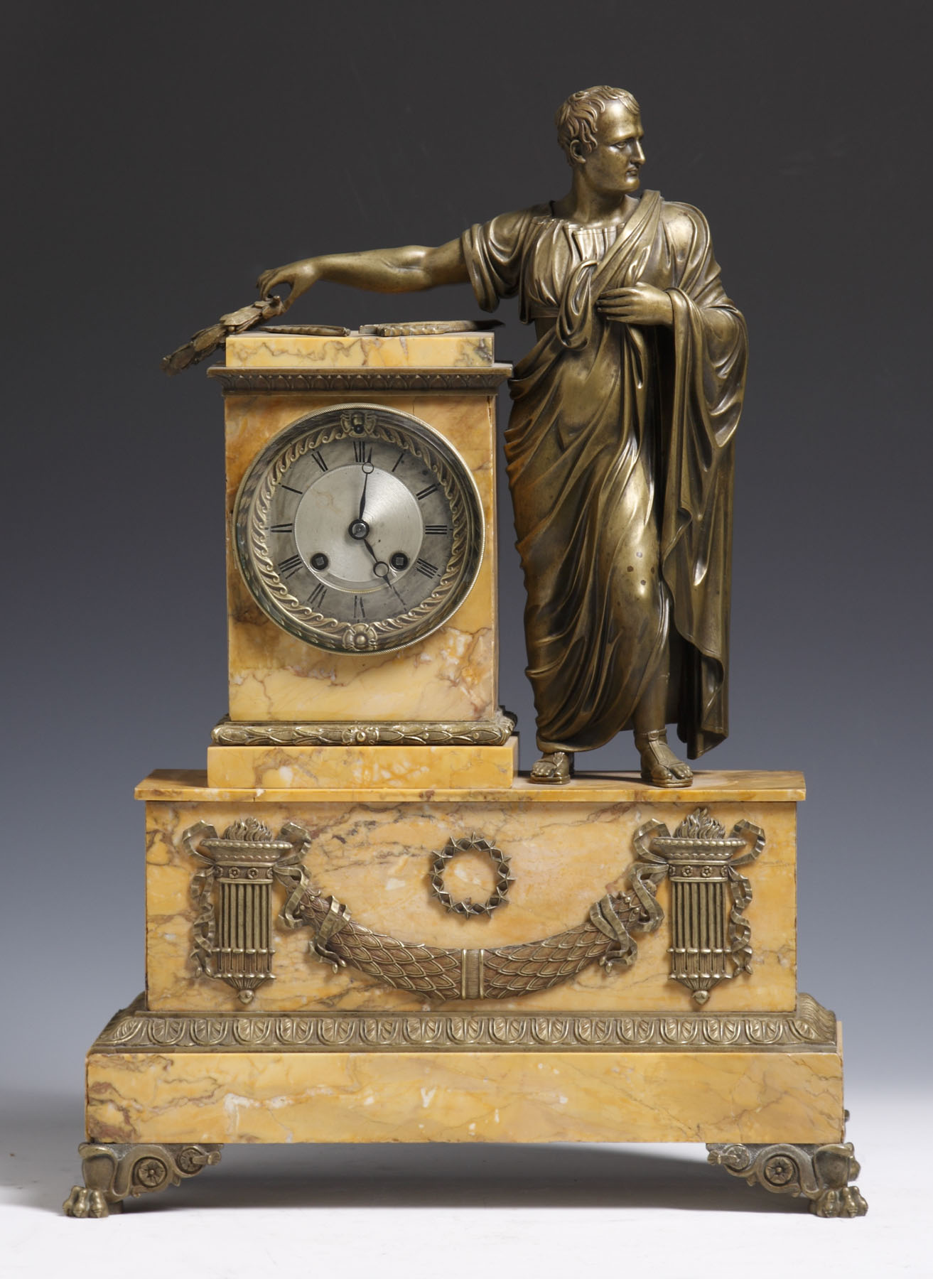 Appraisal: French Empire Marble Bronze Julius Cesar Clock Early th cent