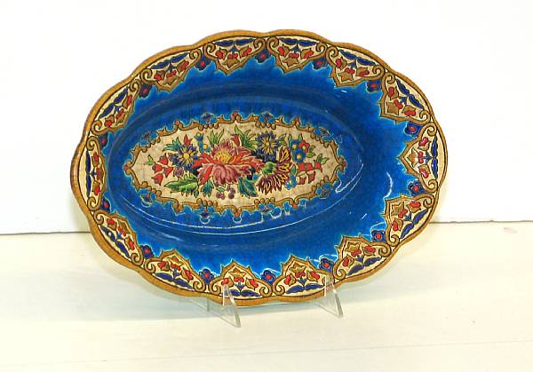 Appraisal: A Longwy earthenware craquelure oval bowl in the 'Renaissance' pattern