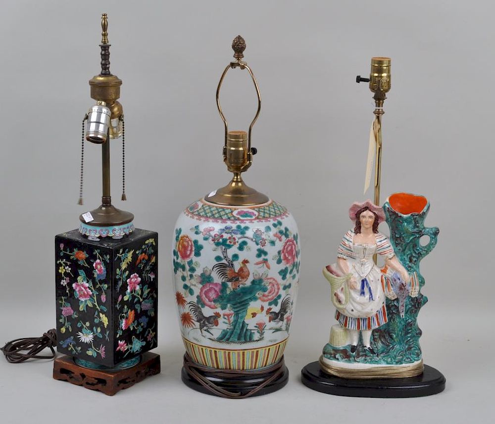 Appraisal: Group Three Porcelain Lamps Chinese Staffordshire including a Chinese ginger