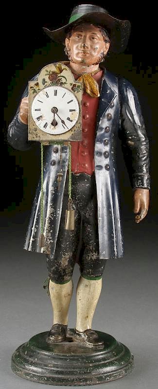 Appraisal: TH CENTURY TOLE PAINTED FIGURAL CLOCK A CONTINENTAL TH CENTURY