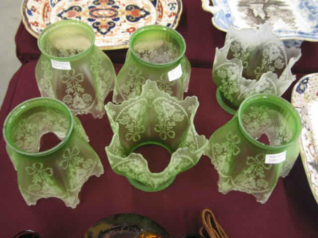 Appraisal: Satin Art Glass Shades emerald-to-clear acid etched floral