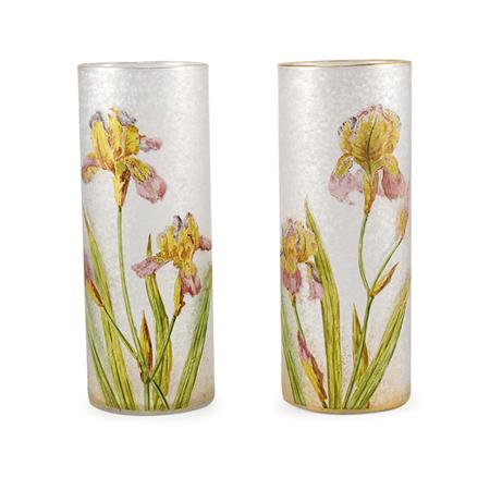 Appraisal: Pair of French Acid Etched and Enameled Glass Vases Estimate