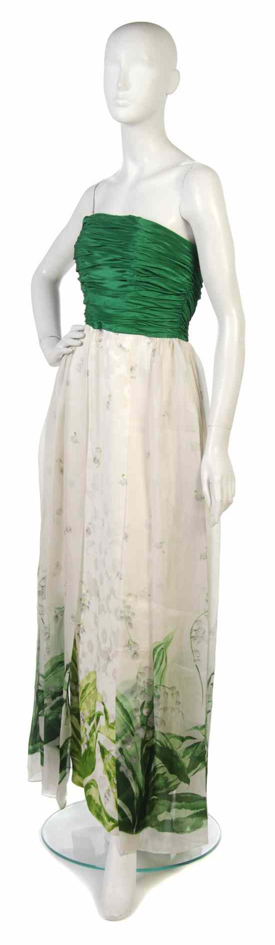 Appraisal: A Richilene Green and Cream Silk Evening Gown with a