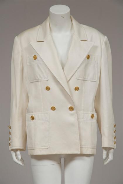 Appraisal: White twill Chanel double-breasted blazer s With gold buttons four