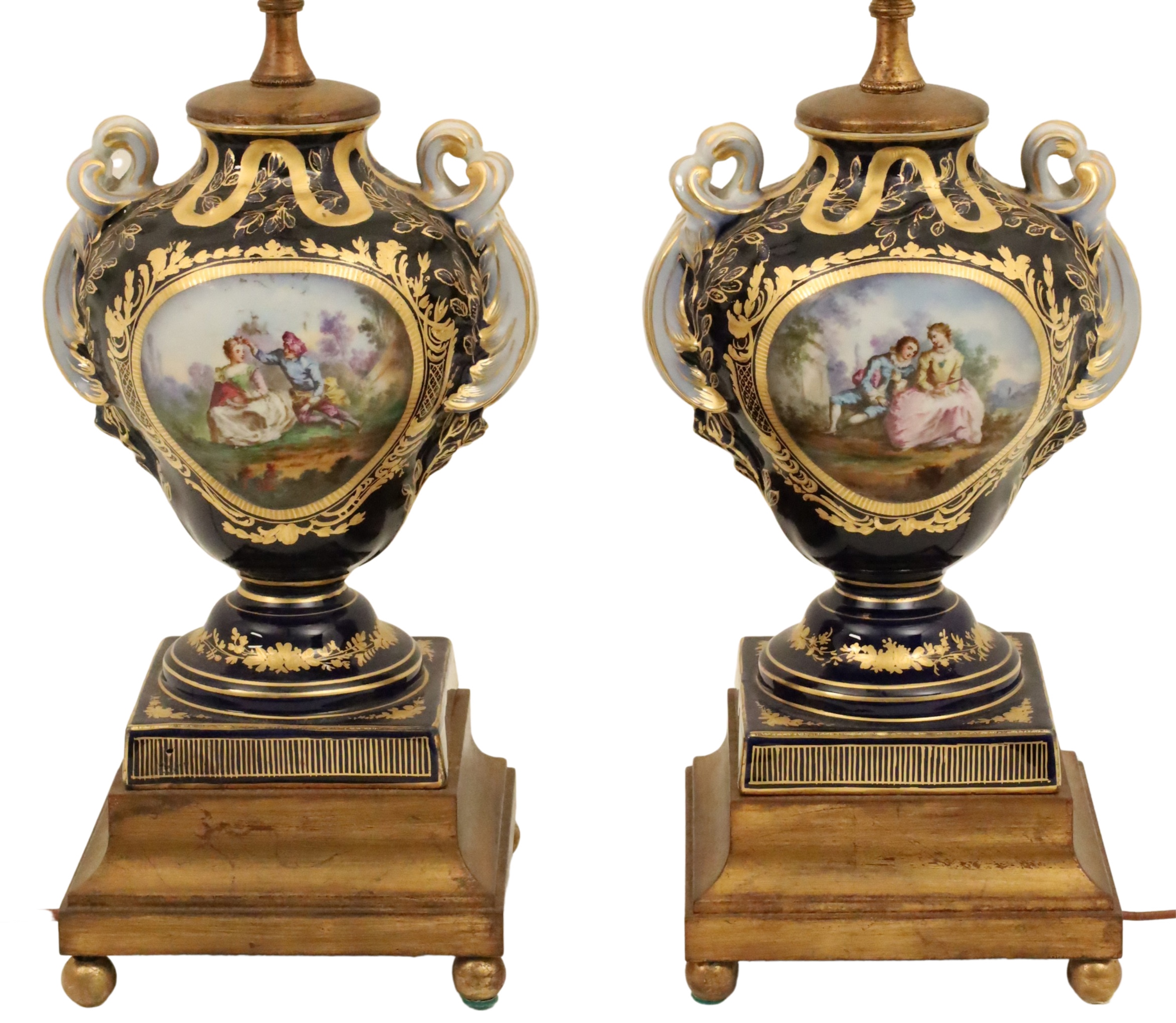 Appraisal: PR OF SEVRES STYLE PORCELAIN URNS Pair of blue ground