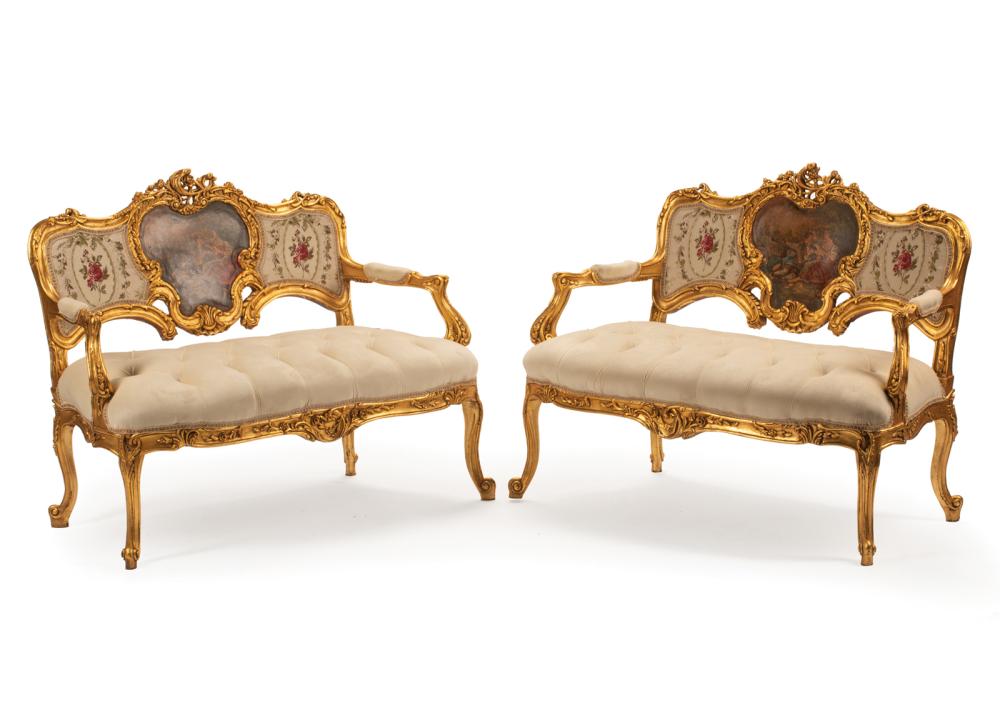 Appraisal: Pair of Louis XV-Style Carved Giltwood Canapes serpentine back centered