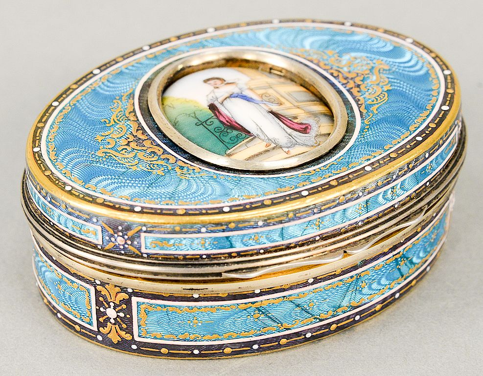 Appraisal: Louis XVI enameled silver and gold wash snuff box set