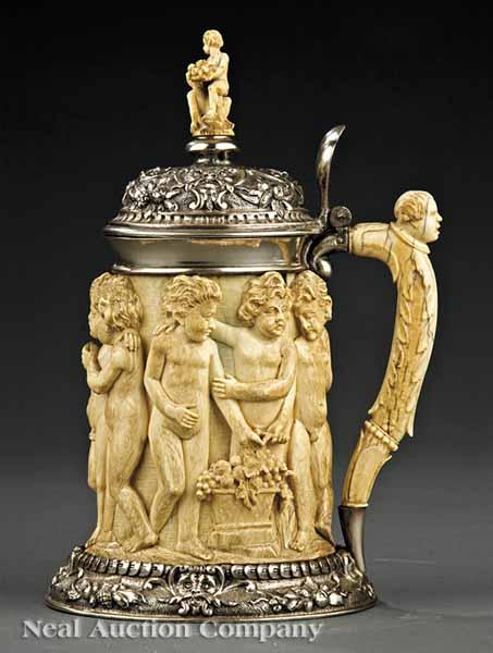 Appraisal: An Antique Carved Ivory and Continental Silver-Mounted Figural Tankard the