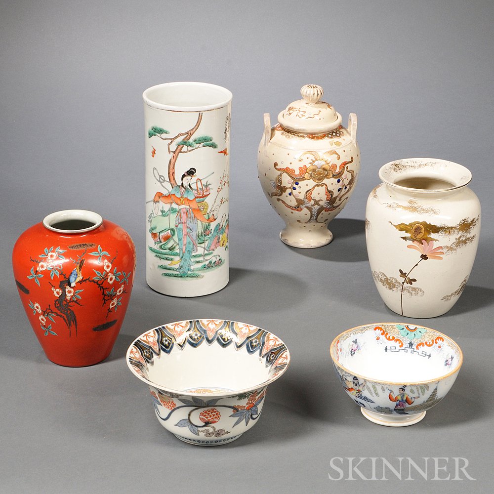 Appraisal: Six Asian Ceramic Items a Kutani bulbous jar decorated with