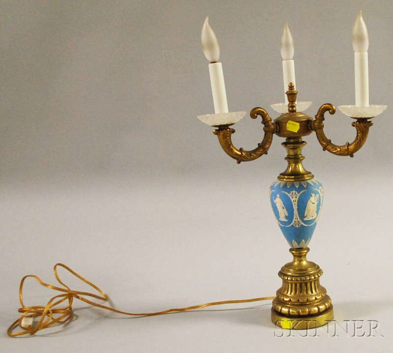 Appraisal: Wedgwood Light Blue Jasper and Brass-mounted Three-light Candelabra electrified ht