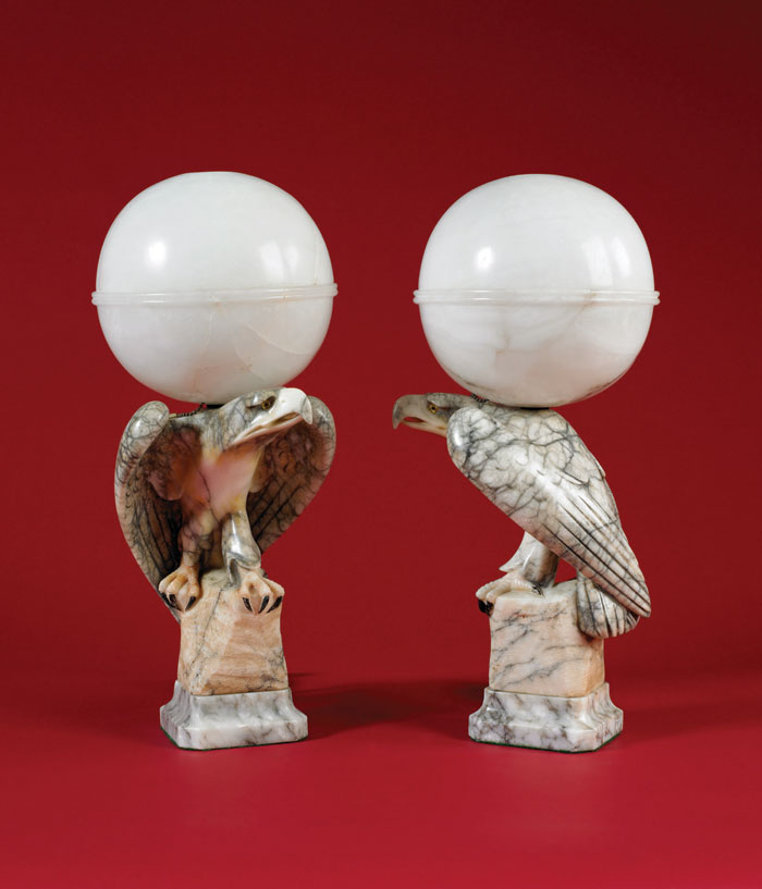 Appraisal: PAIR OF CARVED ALABASTER EAGLE LAMPS The lamps with alabaster