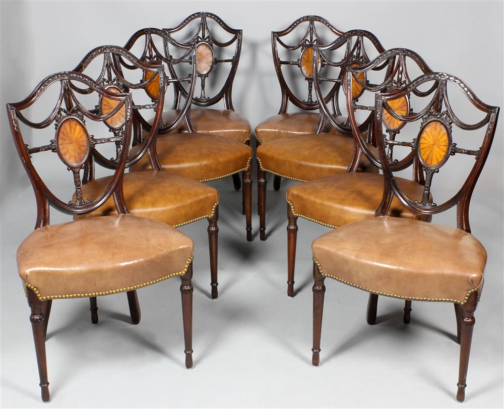 Appraisal: SET OF EIGHT EDWARDIAN CARVED AND INLAID MAHOGANY DINING CHAIRS