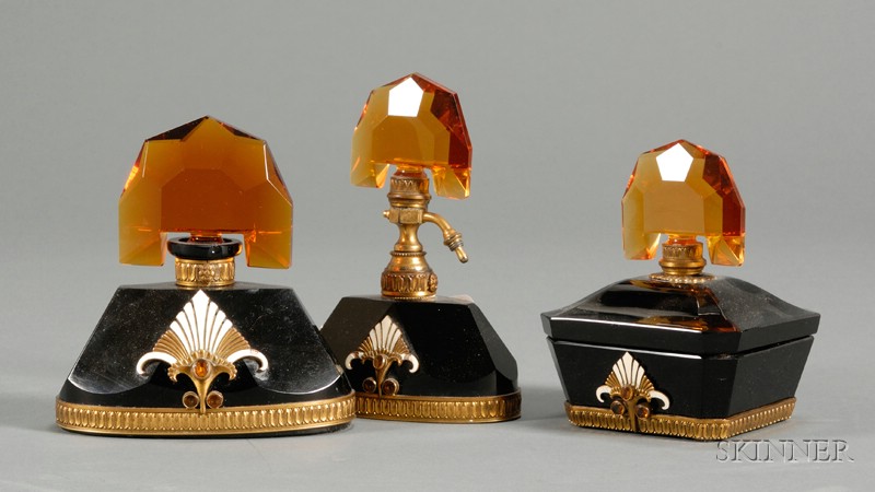 Appraisal: Two Perfumes and a Covered Dish Glass and metal th