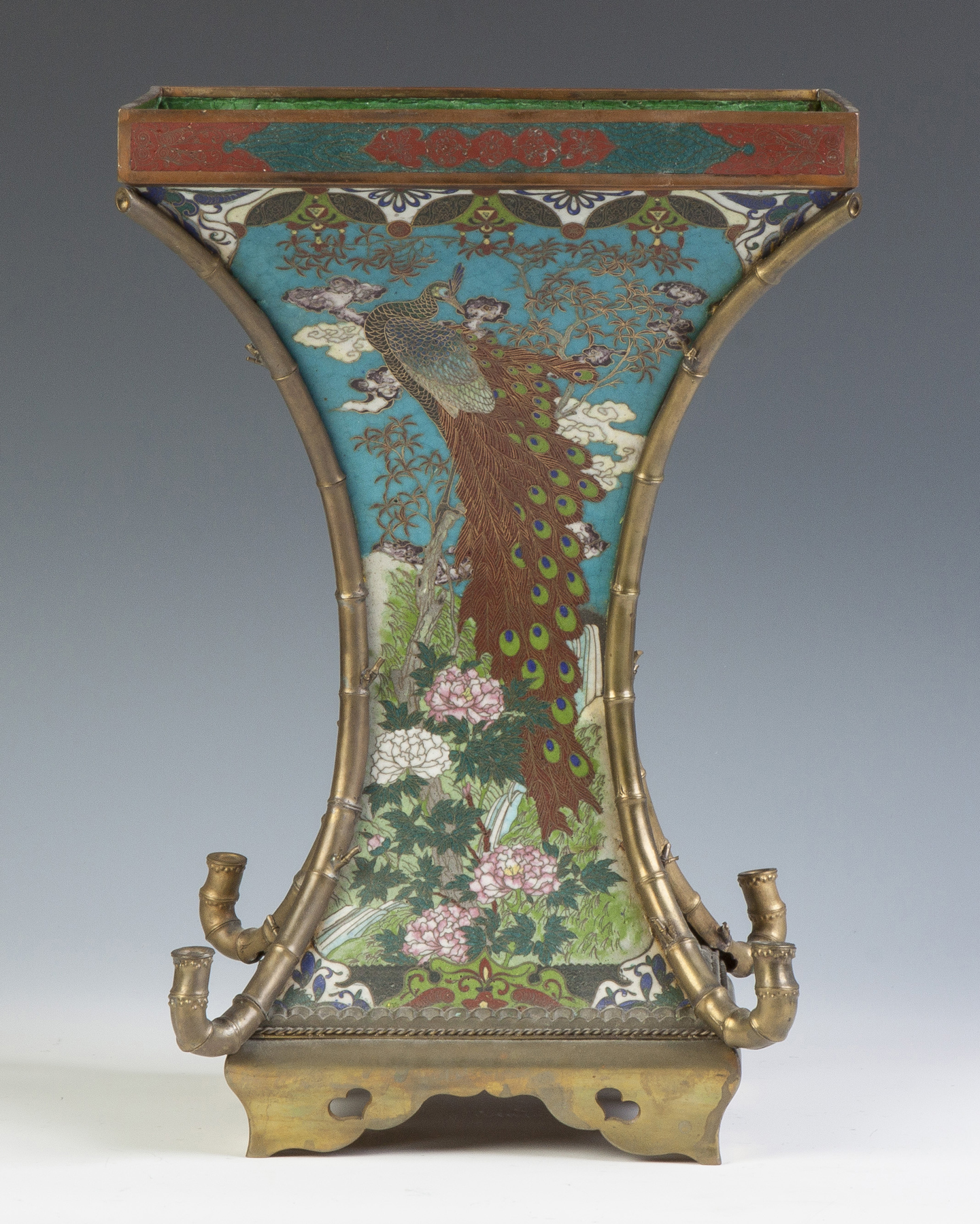 Appraisal: Japanese Cloisonn Vase th cent Peacock with flowers bamboo sides