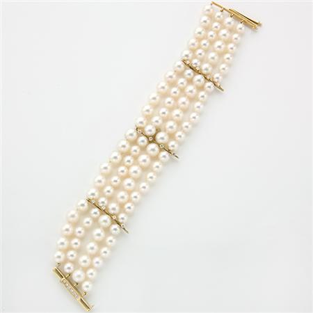 Appraisal: Four Strand Cultured Pearl Gold and Diamond Bracelet Estimate -