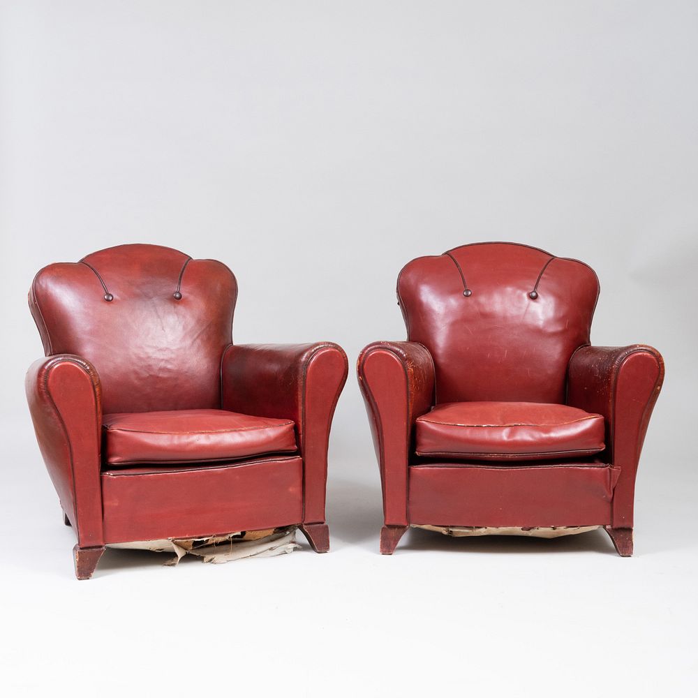 Appraisal: Pair of Art Deco Style Leather Club Chairs x x