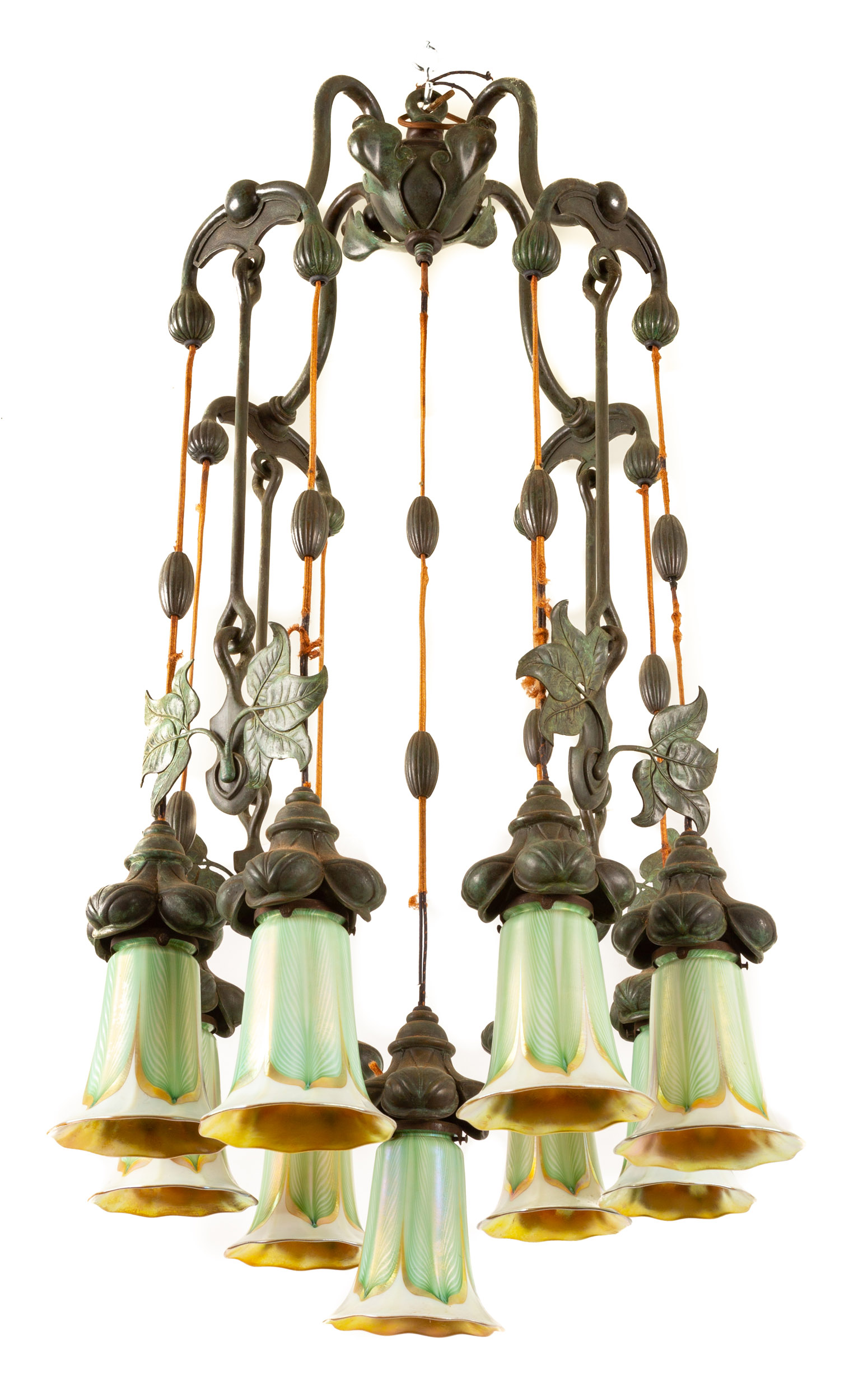 Appraisal: ART NOUVEAU BRONZE HANGING FIXTURE WITH QUEZAL SHADES Early th