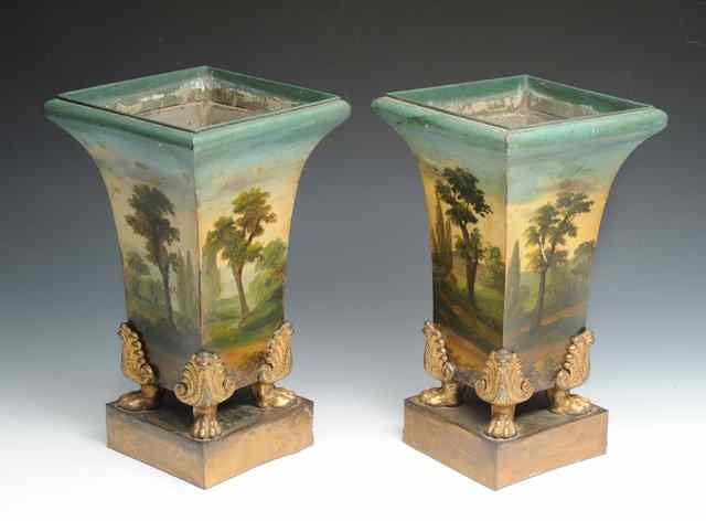 Appraisal: A PAIR OF FRENCH TOLEWARE TRUMPET FORM VASES each decorated