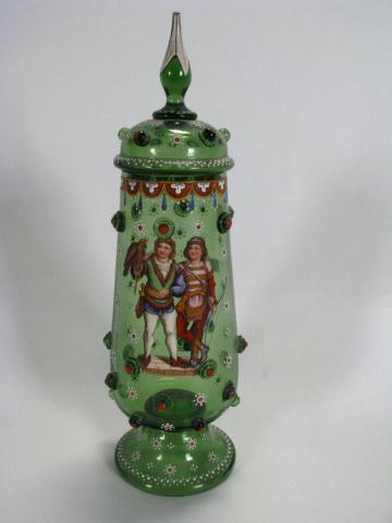 Appraisal: Antique green glass lidded pedestal vase with hand applied buttons